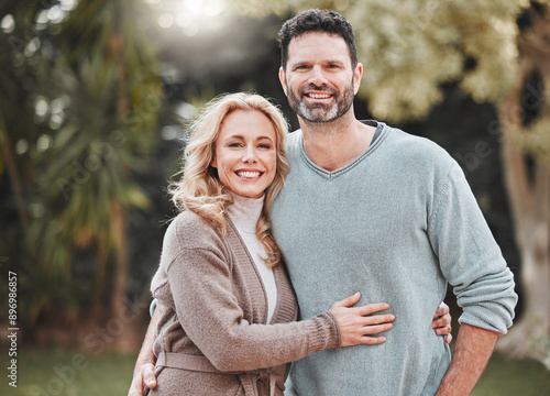 Slika na platnu Mature couple, portrait and garden hug for support, love and affection for spouse on holiday
