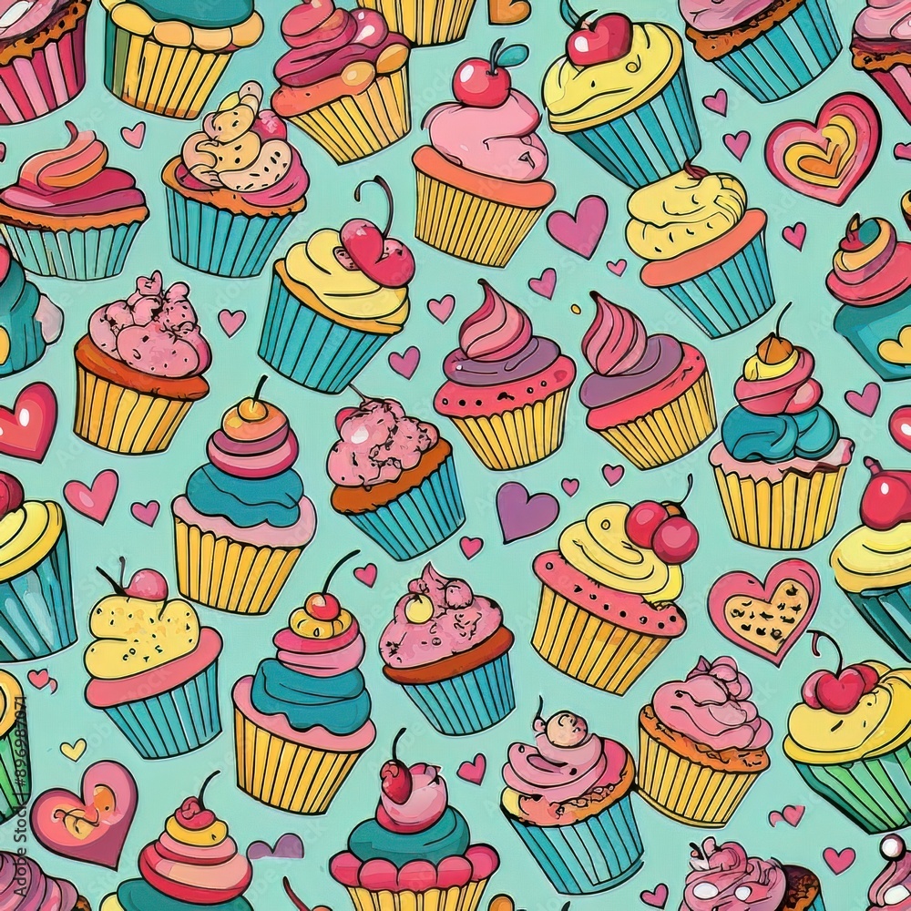 Seamless pattern of cupcakes with heart-shaped toppings, Generative AI Seamless pattern of cupcakes with heart-shaped toppings, Generative AI