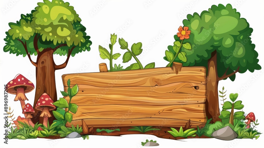 An inviting wooden sign beautifully nestled between trees and mushrooms in a lush forest setting, perfect for themes related to nature, exploration, and outdoor activities. An inviting wooden sign beautifully nestled between trees and mushrooms in a lush forest setting, perfect for themes related to nature, exploration, and outdoor activities.