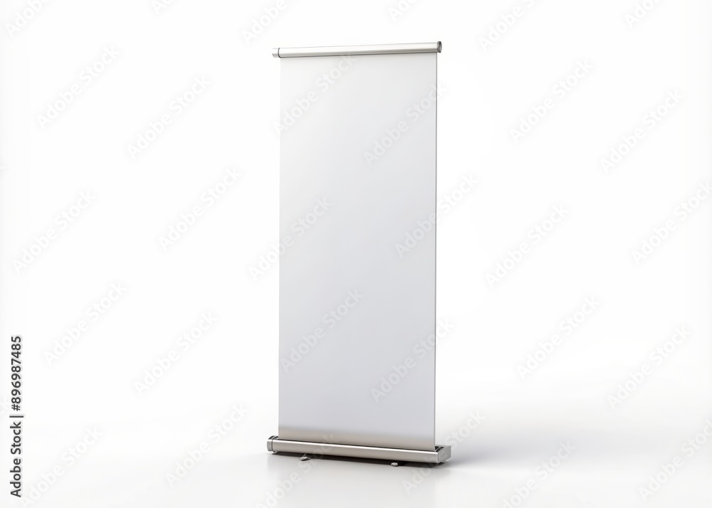 isolated white background features a blank roll-up banner mockup standing upright with metal base and removable top rail, awaiting customized branding and graphics. isolated white background features a blank roll-up banner mockup standing upright with metal base and removable top rail, awaiting customized branding and graphics.