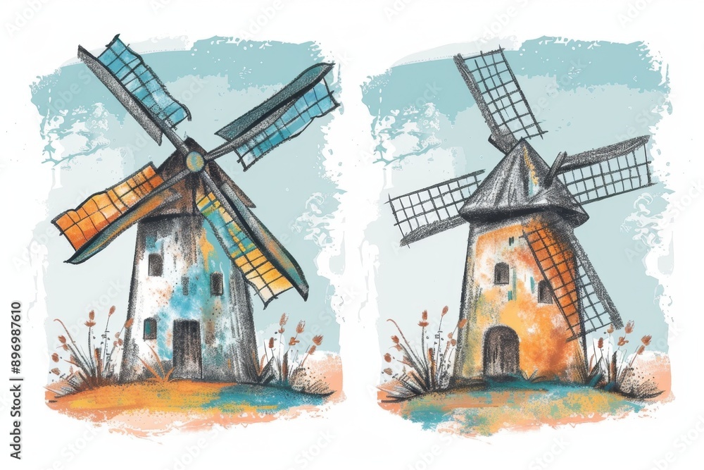 Obraz premium Windmill mill icon, rural countryside mill symbol, wind mill building emblem on white background