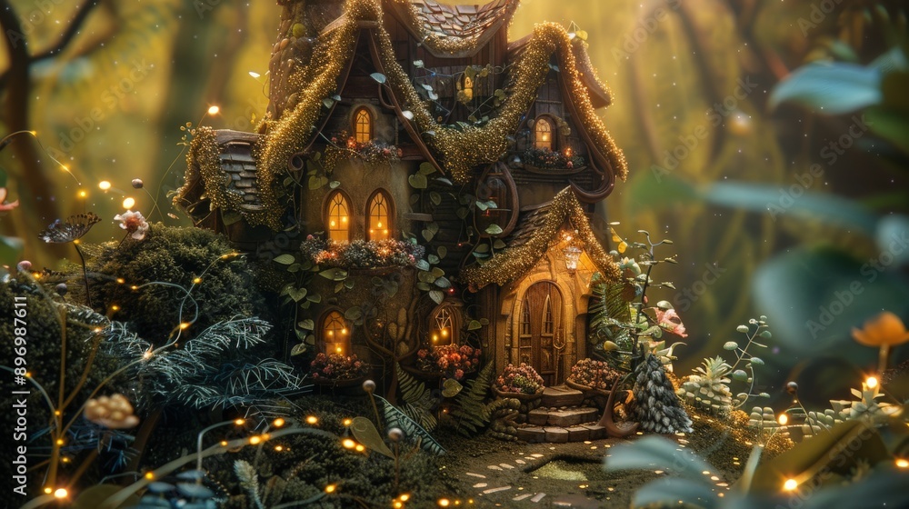 Obraz premium A whimsical forest cottage with glowing windows, a thatched roof, and lush greenery during dusk, creating a warm and inviting atmosphere with fairytale essence.