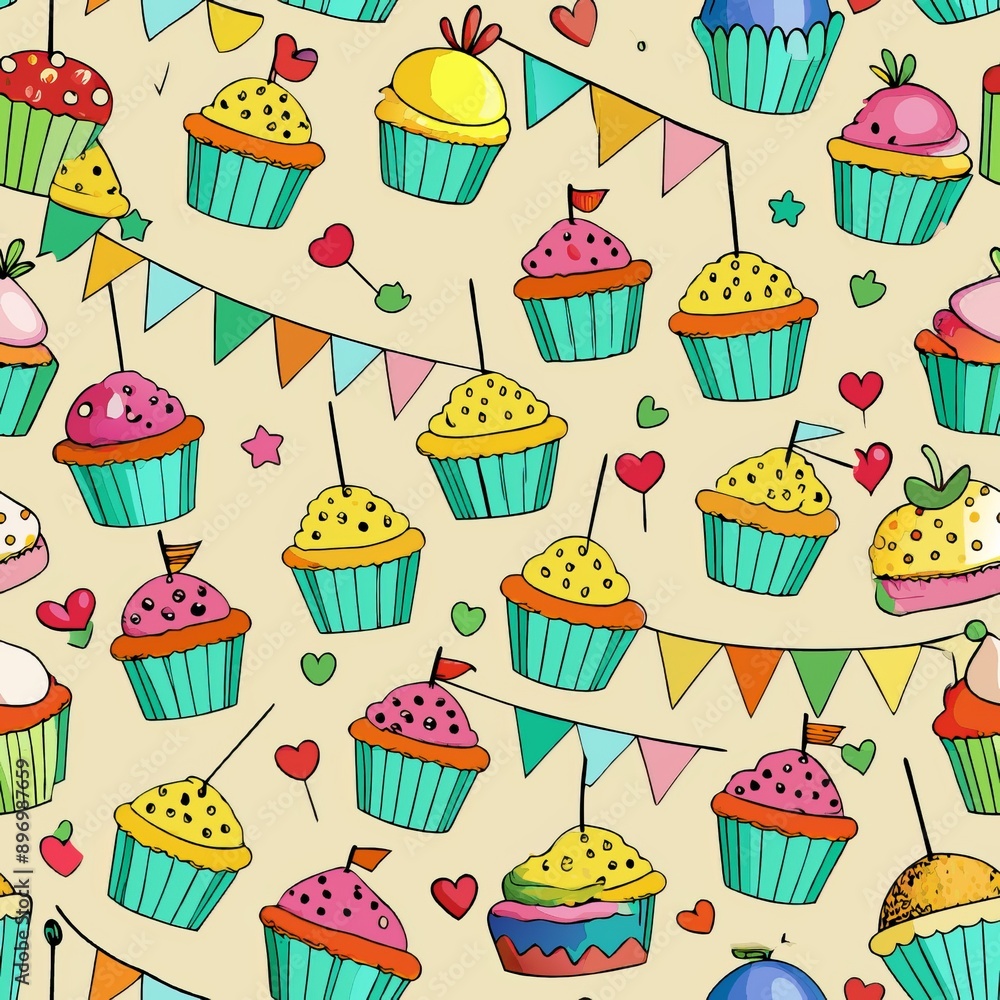 Seamless pattern of cupcakes with mini flags as toppers, Generative AI Seamless pattern of cupcakes with mini flags as toppers, Generative AI