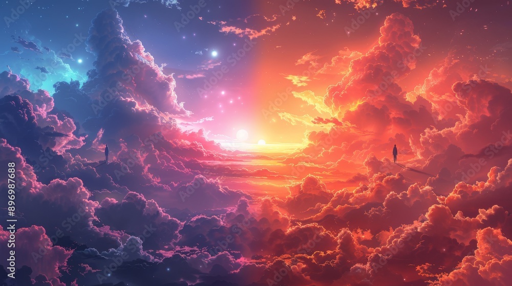 Two Figures Standing on Clouds in a Dreamlike Sunset. Two Figures Standing on Clouds in a Dreamlike Sunset.