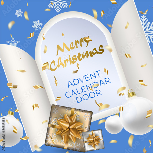 Christmas advent calendar doors opening to reveal message. White Christmas balls, snowflakes, gift surprise with ribbon, golden flying tinsel an open wide window on blue. Vector illustration