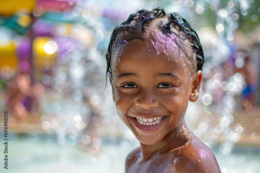A happy child grins at the camera, hair wet from playing in a vibrant splash park, capturing the essence of joyful summer days and carefree childhood moments. A happy child grins at the camera, hair wet from playing in a vibrant splash park, capturing the essence of joyful summer days and carefree childhood moments.