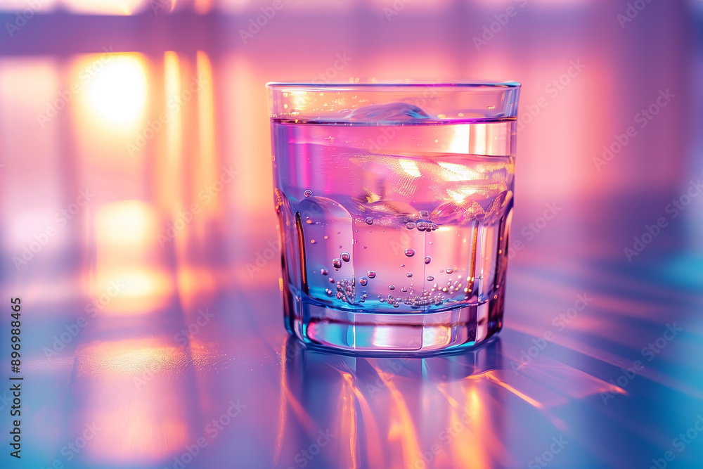 Water and ice poured into a glass reflecting colorful light Water and ice poured into a glass reflecting colorful light