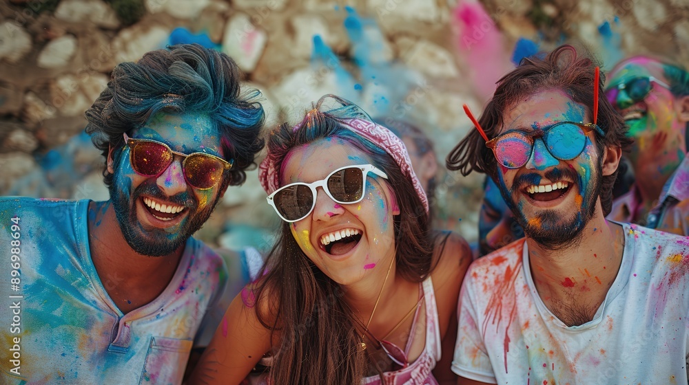 Happy friends enjoying the vibrant Holi festival, an outdoor color party with young people in sunglasses celebrating with colored powder. Lively group fun against a stone background Happy friends enjoying the vibrant Holi festival, an outdoor color party with young people in sunglasses celebrating with colored powder. Lively group fun against a stone background