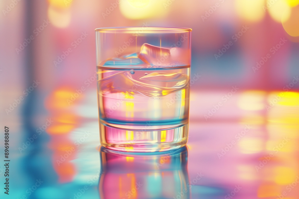 Water and ice poured into a glass reflecting colorful light Water and ice poured into a glass reflecting colorful light