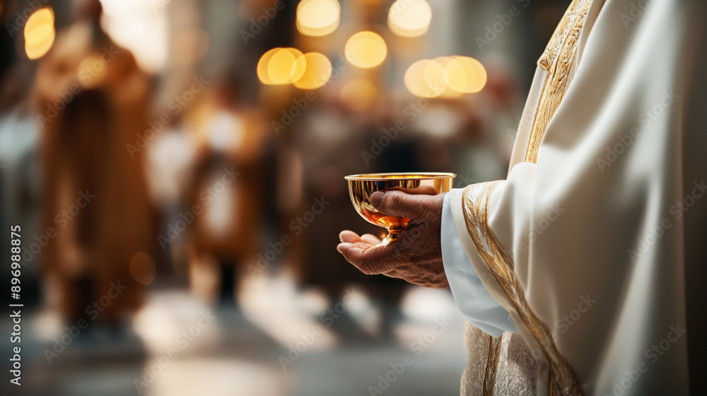 Close-up of a person holding a golden chalice during a religious ceremony with blurred participants in the background. Close-up of a person holding a golden chalice during a religious ceremony with blurred participants in the background.