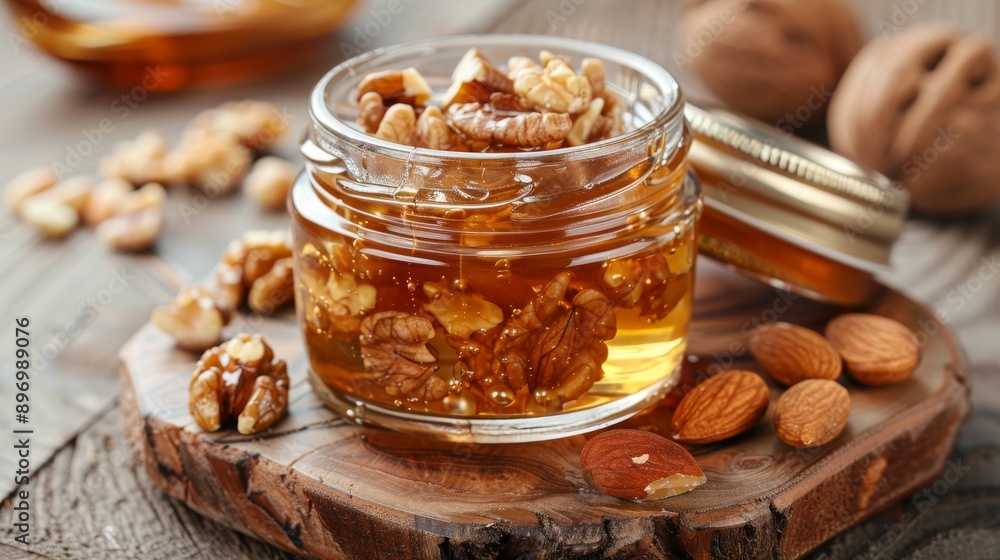 Honey and Nut Spread in a Glass Jar on Wooden Table Ideal for Fresh Breakfast and Food Blogging Honey and Nut Spread in a Glass Jar on Wooden Table Ideal for Fresh Breakfast and Food Blogging
