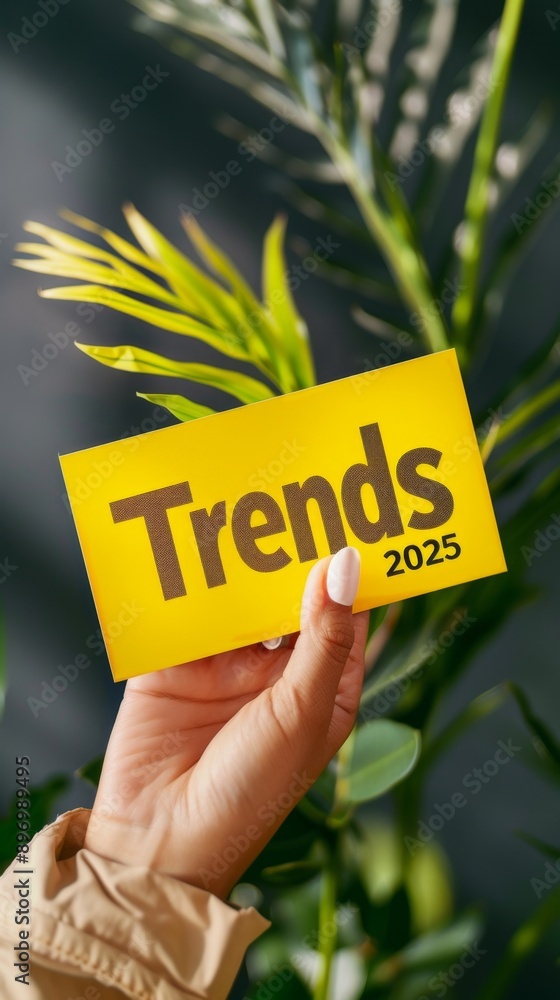 2025 Business Trends Concept Hand Holding Yellow Template Sign Highlighting "Trends" for 2025