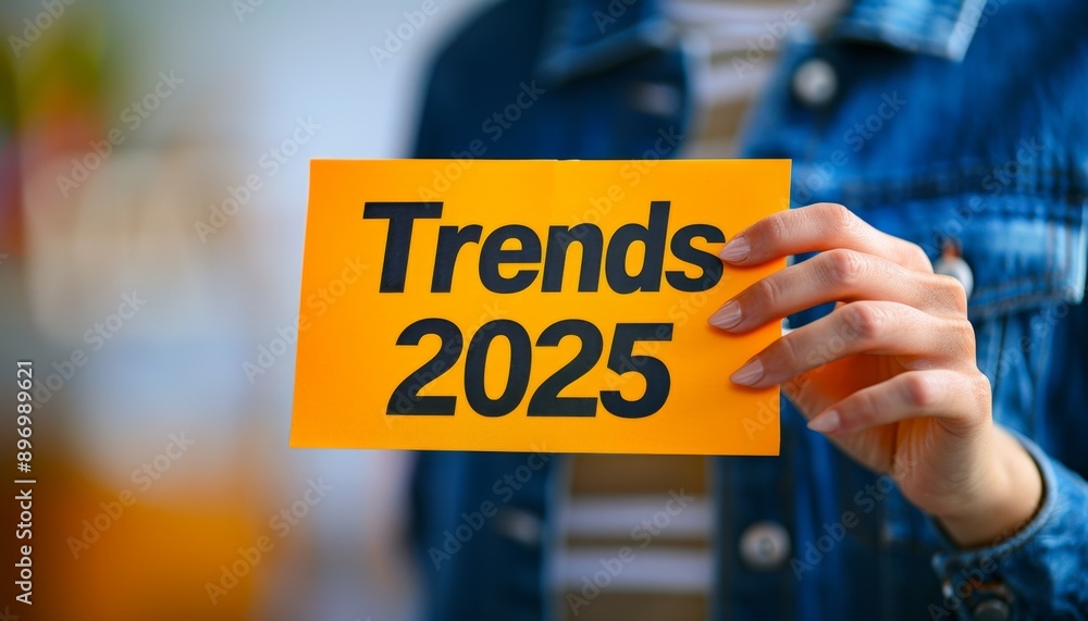 2025 Business Trends Concept: Hand Holding Yellow Template Sign