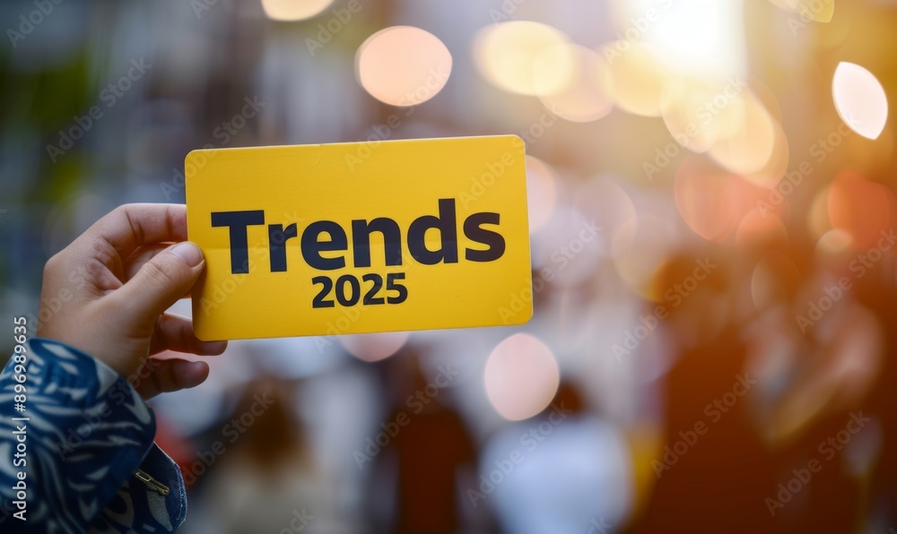 2025 Business Trends Concept Hand Holding Yellow Template Sign Highlighting "Trends" for 2025