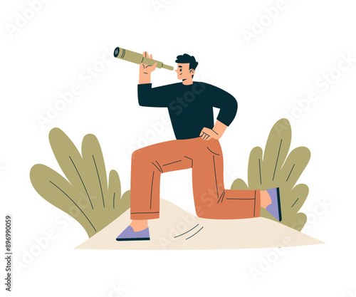 Look to Future with Man Character with Telescope View Horizon Vector Illustration