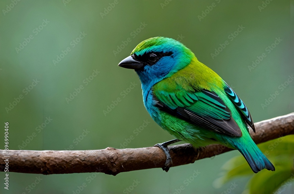 Fototapeta premium A beautiful green headed tanager bird standing on a branch