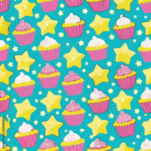 Seamless pattern of cupcakes with rainbow frosting, Generative AI