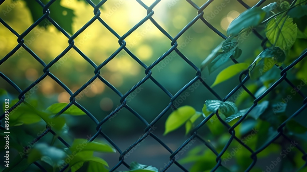 Fototapeta premium Wire fence with green leaves in summer sunlight, nature and security concept