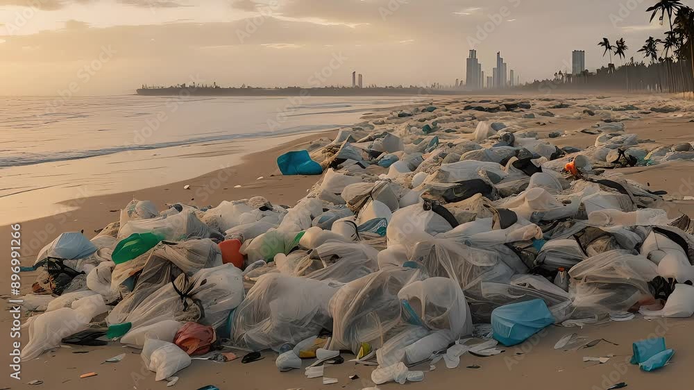Heartbreaking view of beach covered in mounds of plastic waste, highlighting environmental degradation under a cloudy sky
Heartbreaking view of beach covered in mounds of plastic waste, highlighting environmental degradation under a cloudy sky