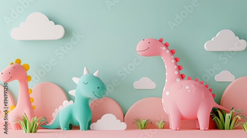 Fototapeta Naklejka Na Ścianę i Meble -  Cute colorful dinosaur toys on green and pink background with clouds, perfect for children's room decor or fun, playful designs.