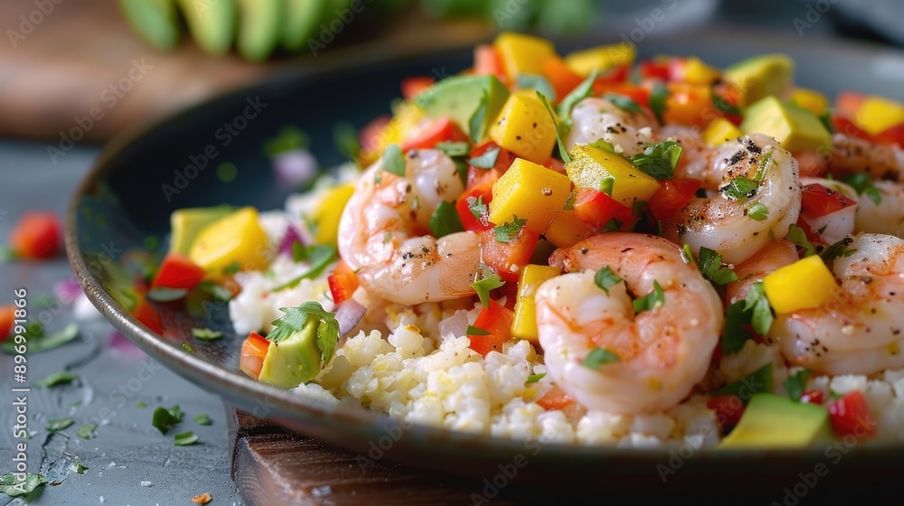 A vibrant and healthy shrimp pasta with a mix of vegetables. Served on a dark plate, this gourmet dish is full of flavor. A vibrant and healthy shrimp pasta with a mix of vegetables. Served on a dark plate, this gourmet dish is full of flavor.