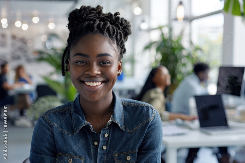 Close-up of a woman smiling and looking confident in a creative workspace, team collaborating in the background, inspiring work environment, Portrait half-body, hyper-realistic, high detail, Close-up of a woman smiling and looking confident in a creative workspace, team collaborating in the background, inspiring work environment, Portrait half-body, hyper-realistic, high detail,