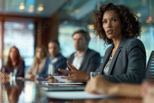 Close-up of a woman leading a team meeting, confident and inspiring, modern boardroom setting, Portrait half-body, hyper-realistic, high detail, photorealistic, American professionals © siripimon2525