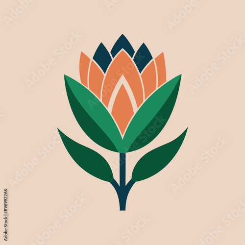 Proteus graphically drawing the logo. Protea flower vector art illustration. Vector tropical leaves.