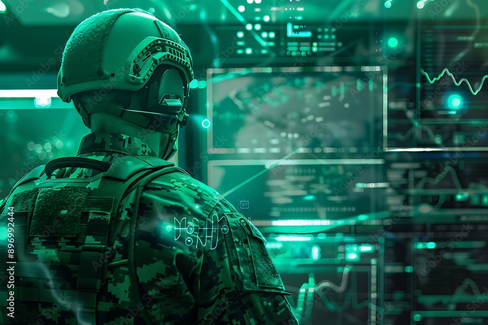 Military soldier in camouflage uniform, looking at computer screens with data and graphs, green light. Military soldier in camouflage uniform, looking at computer screens with data and graphs, green light.