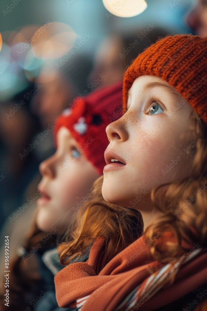 Fototapeta premium Young children looking up in wonder at a night sky. Magic of the universe.