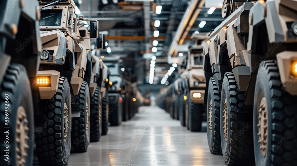 Row of military armored vehicles lined up in a factory setting with industrial lighting and polished floors. Row of military armored vehicles lined up in a factory setting with industrial lighting and polished floors.