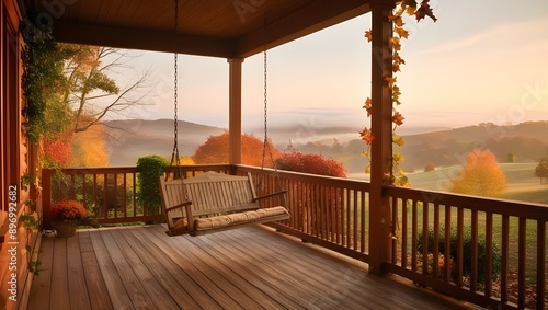 Veranda of the house. A wooden swing is attached to the roof. Calmness, autumn atmosphere. Warm colors, beautiful view behind the house