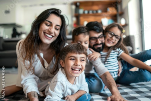 Family smiling and laughing together at home. Happy parents with children on the floor.
