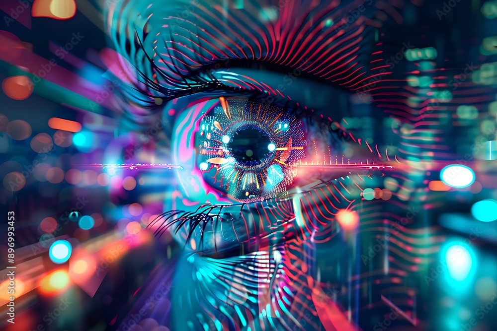 Abstract Human Eye with Neon Lights and Bokeh. Abstract Human Eye with Neon Lights and Bokeh.