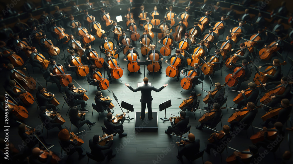 Obraz premium A conductor leading a large orchestra with musicians playing string instruments, viewed from above.