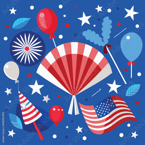 Independence Day poster, banner, foil balloon flyer, paper fan, and confetti for July 4. American flag colors. Minimalism flat lay design.