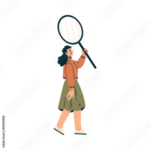 Look to Future with Woman Character with Huge Magnifier View Horizon Vector Illustration