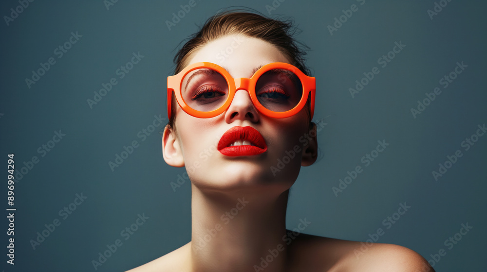 Close-up portrait of a person with bright orange round sunglasses and bold red lipstick on a dark gray background. Close-up portrait of a person with bright orange round sunglasses and bold red lipstick on a dark gray background.