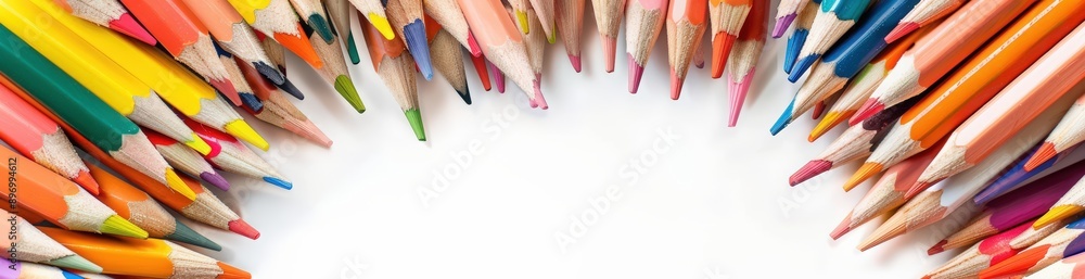 Colorful pencils arranged in an abstract wave pattern on white background, creating a colorful and playful border for educational or creative designs. Colorful pencils arranged in an abstract wave pattern on white background, creating a colorful and playful border for educational or creative designs.