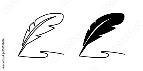 Feather quill pen icon set, classic stationery illustration colo editable
