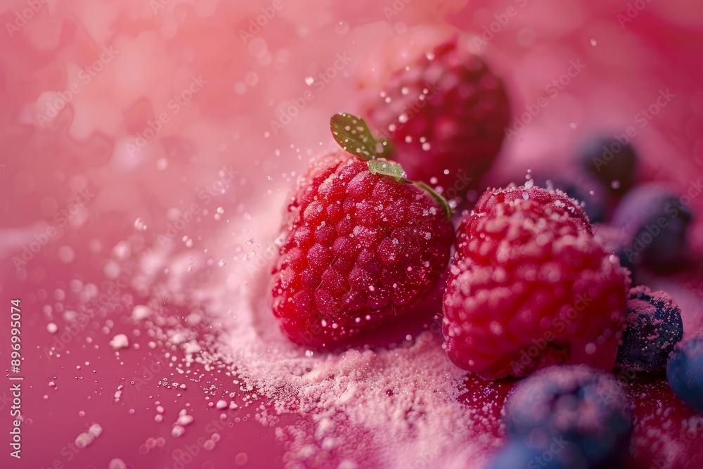 Three ripe raspberries and blueberries being sprinkled with sugar on pink background Three ripe raspberries and blueberries being sprinkled with sugar on pink background