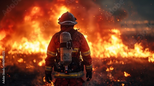 Firefighter Standing in Front of Blaze During Nighttime Operation © fotofabrika