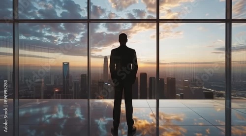 A businessman standing with cityscape background in the building