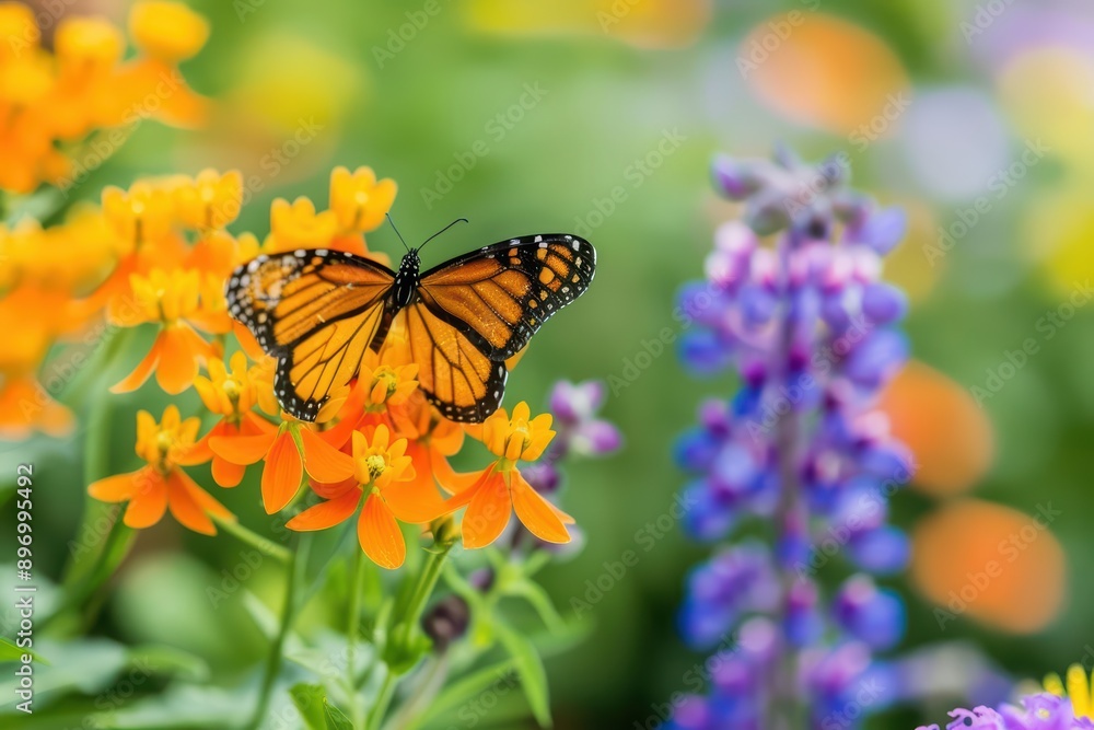 Obraz premium A pollinator garden designed to be habitatfriendly, with a variety of flowers attracting bees, butterflies, and other pollinators, banner, with copy space