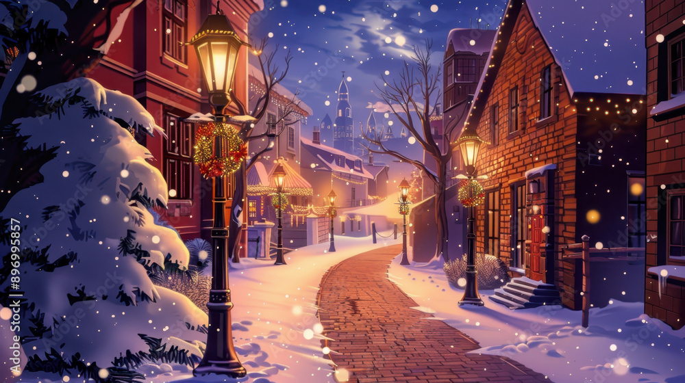 Winter evening in a charming village with snow-covered streets, glowing lampposts, and festive decorations creating a cozy holiday atmosphere Winter evening in a charming village with snow-covered streets, glowing lampposts, and festive decorations creating a cozy holiday atmosphere