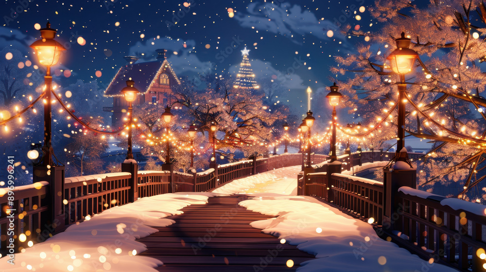 Snow-covered bridge adorned with glowing lights and trees during a festive winter evening scene Snow-covered bridge adorned with glowing lights and trees during a festive winter evening scene
