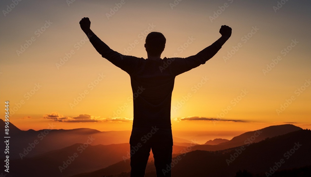 Fototapeta premium A silhouette of a man celebrating at sunrise over a mountain landscape, symbolizing achievement and freedom.