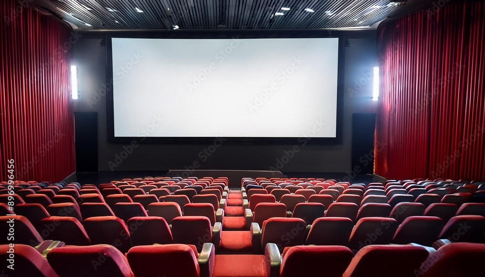 A spacious cinema interior featuring red seats and a large blank screen, ready for the next movie audience. A spacious cinema interior featuring red seats and a large blank screen, ready for the next movie audience.