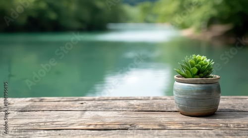 A wood table with a bohemian style by a riverbank, showcasing eclectic decor and a freespirited vibe, banner, with copy space