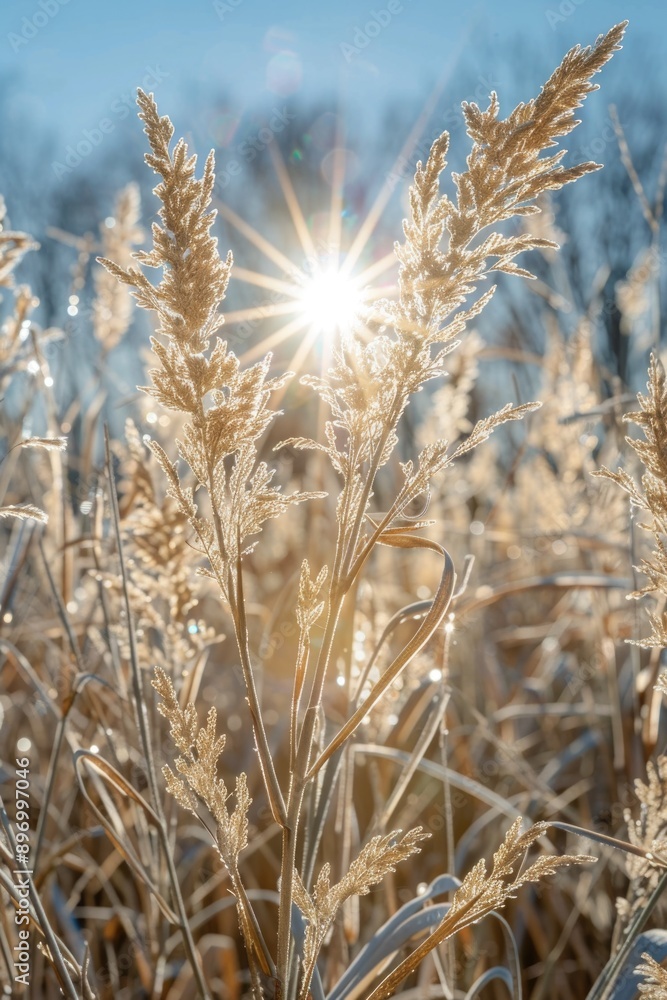 Fototapeta premium Sunlight shining through grains of wheat at dawn or dusk.